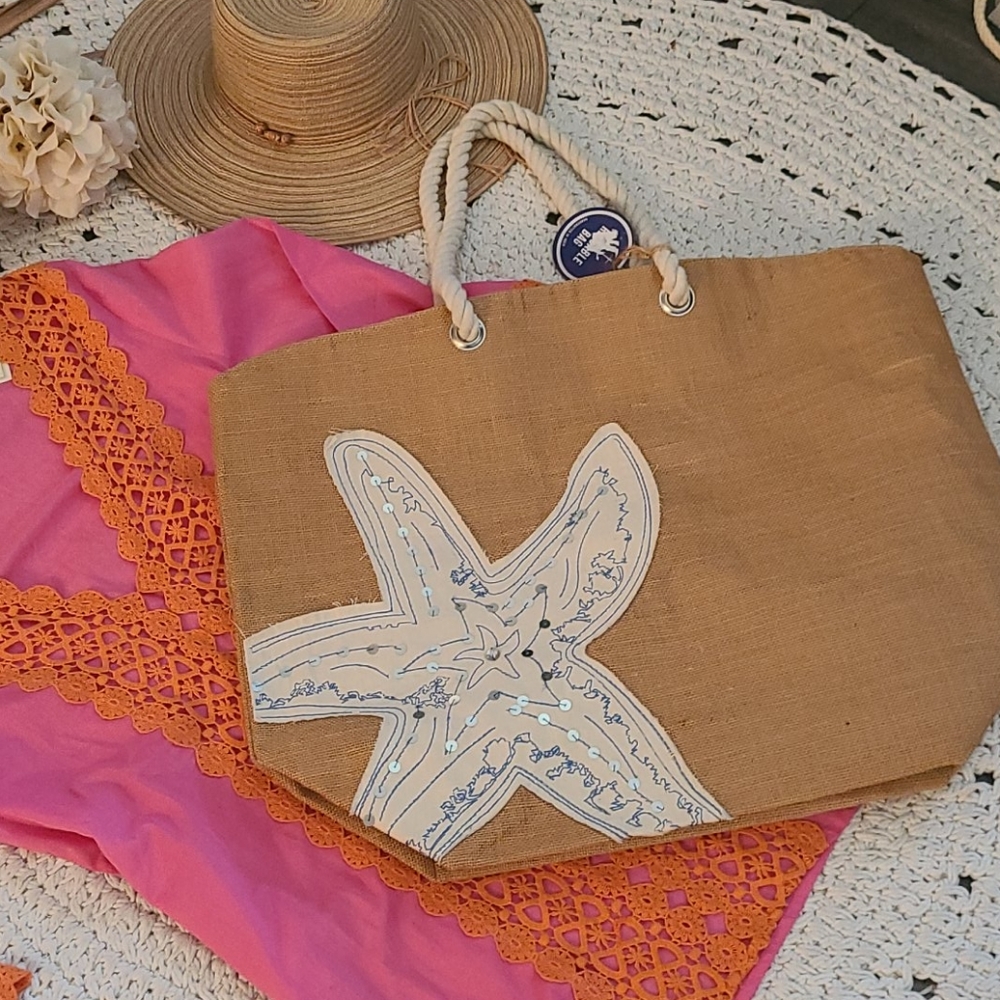 SALE NWOT LG BLUE WHITE  STARFISH BEACH BURLAP BAG - Picture 15 of 16